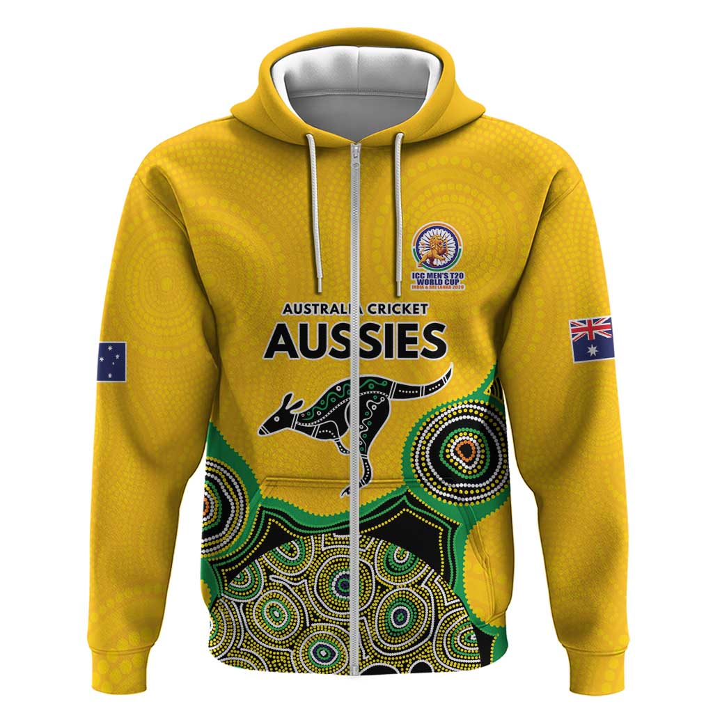 Custom Australia Cricket Spirit 2026 Zip Hoodie World T20 Edition - Gold Aboriginal - Aussie Hoodie