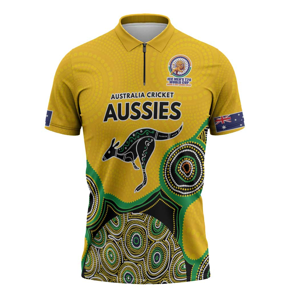 Custom Australia Cricket Spirit 2026 Zipper Polo Shirt World T20 Edition - Gold Aboriginal - Aussie Hoodie