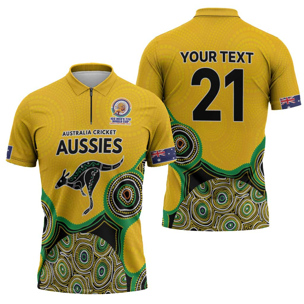 Custom Australia Cricket Spirit 2026 Zipper Polo Shirt World T20 Edition - Gold Aboriginal - Aussie Hoodie