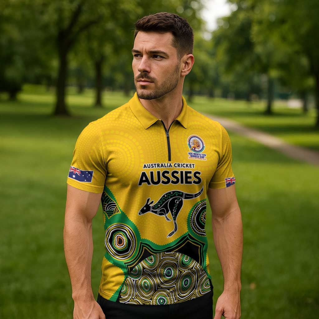 Custom Australia Cricket Spirit 2026 Zipper Polo Shirt World T20 Edition - Gold Aboriginal - Aussie Hoodie