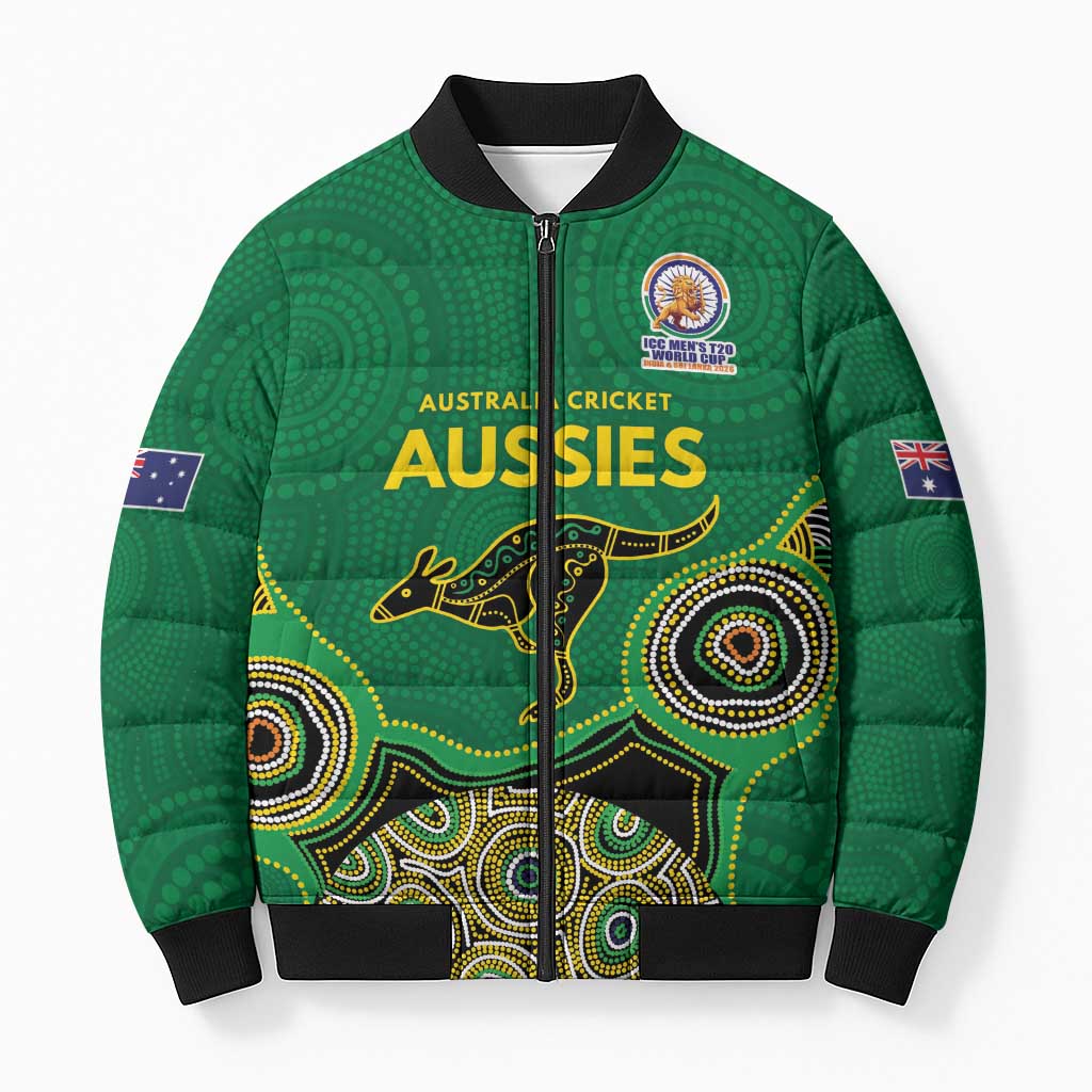 Custom Australia Cricket Spirit 2026 Bomber Puffer Jacket World T20 Edition - Green Aboriginal - Aussie Hoodie