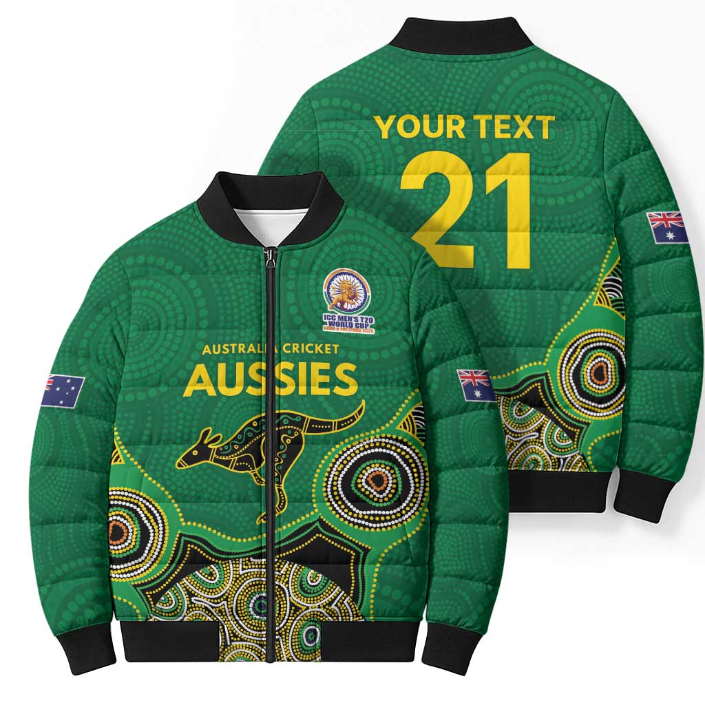 Custom Australia Cricket Spirit 2026 Bomber Puffer Jacket World T20 Edition - Green Aboriginal - Aussie Hoodie