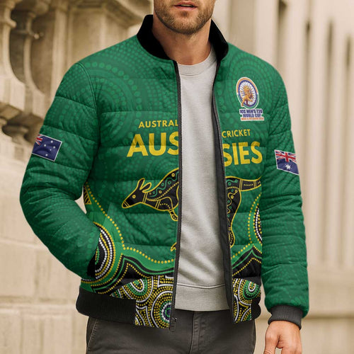 Custom Australia Cricket Spirit 2026 Bomber Puffer Jacket World T20 Edition - Green Aboriginal - Aussie Hoodie