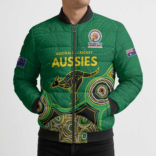 Custom Australia Cricket Spirit 2026 Bomber Puffer Jacket World T20 Edition - Green Aboriginal - Aussie Hoodie