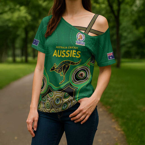 Custom Australia Cricket Spirit 2026 Cross Shoulder Shirt World T20 Edition - Green Aboriginal - Aussie Hoodie