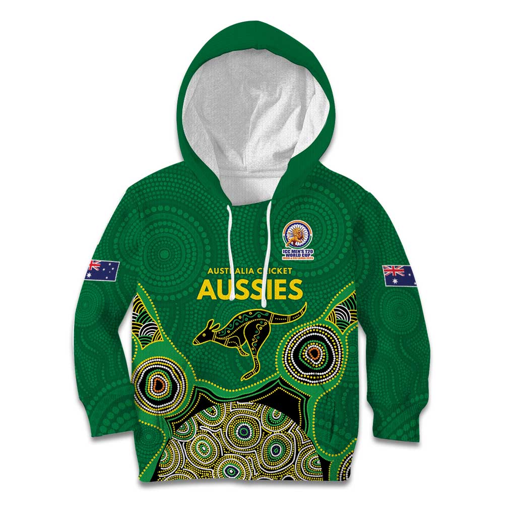Custom Australia Cricket Spirit 2026 Kid Hoodie World T20 Edition - Green Aboriginal - Aussie Hoodie