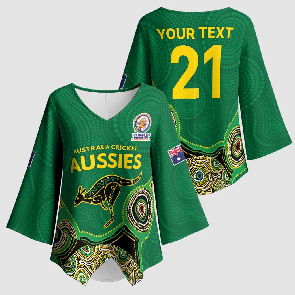 Custom Australia Cricket Spirit 2026 Kimono Sleeve Blouse World T20 Edition - Green Aboriginal - Aussie Hoodie