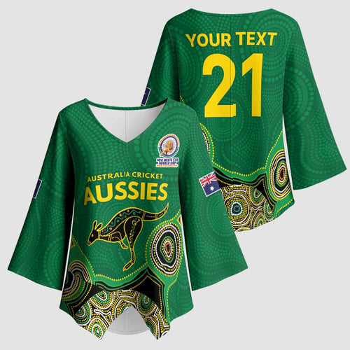 Custom Australia Cricket Spirit 2026 Kimono Sleeve Blouse World T20 Edition - Green Aboriginal - Aussie Hoodie