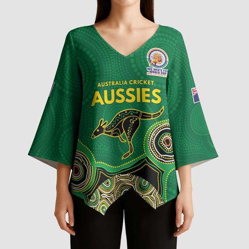 Custom Australia Cricket Spirit 2026 Kimono Sleeve Blouse World T20 Edition - Green Aboriginal - Aussie Hoodie