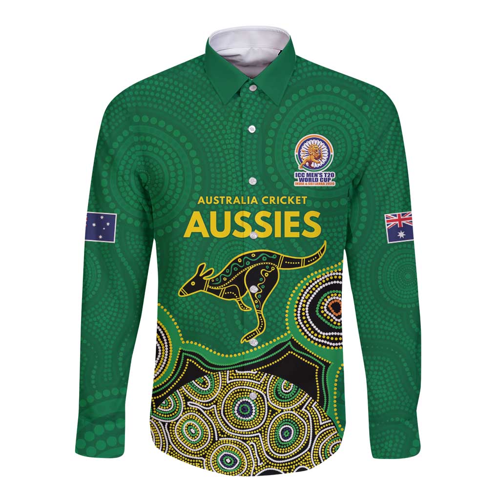 Custom Australia Cricket Spirit 2026 Long Sleeve Button Shirt World T20 Edition - Green Aboriginal - Aussie Hoodie