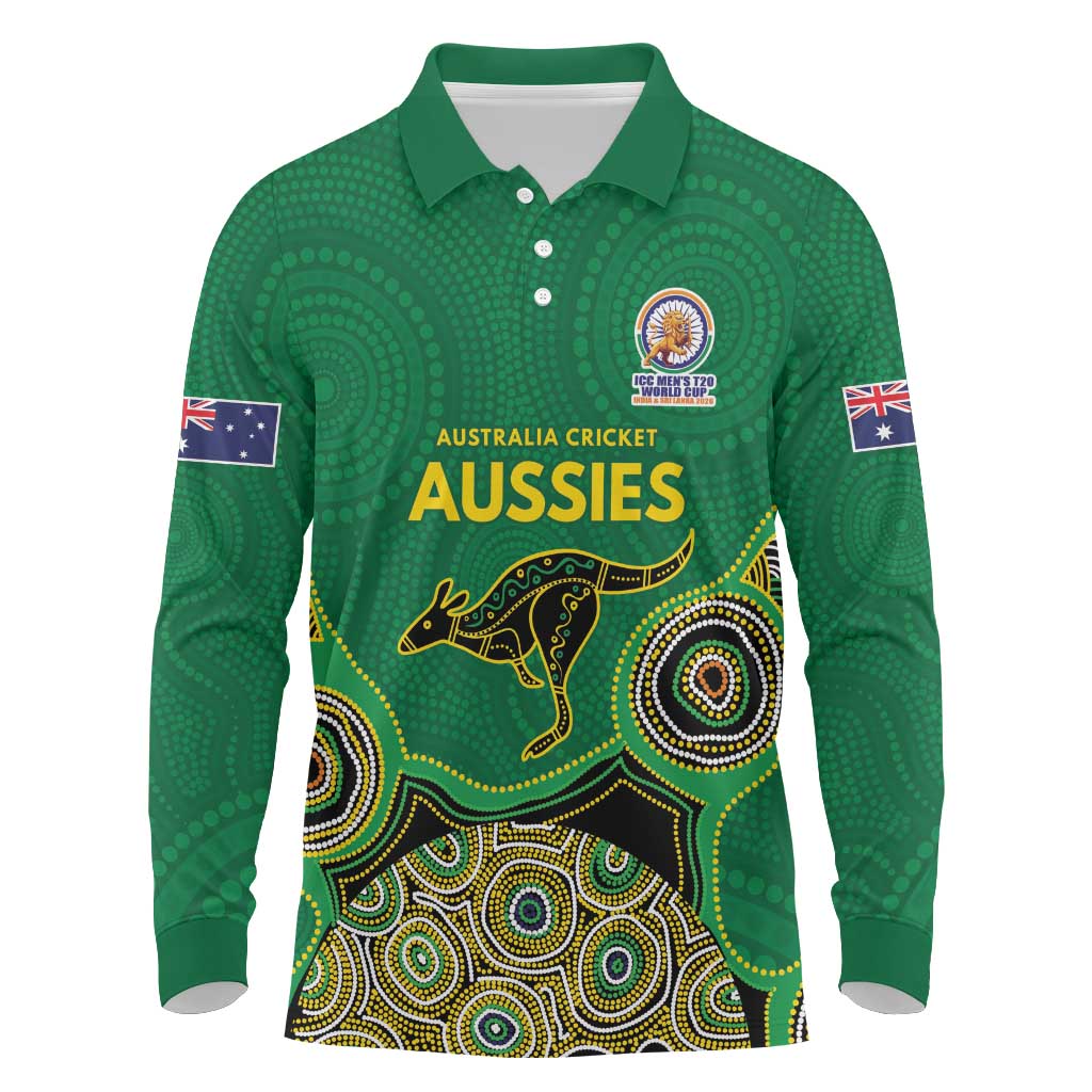 Custom Australia Cricket Spirit 2026 Long Sleeve Polo Shirt World T20 Edition - Green Aboriginal - Aussie Hoodie