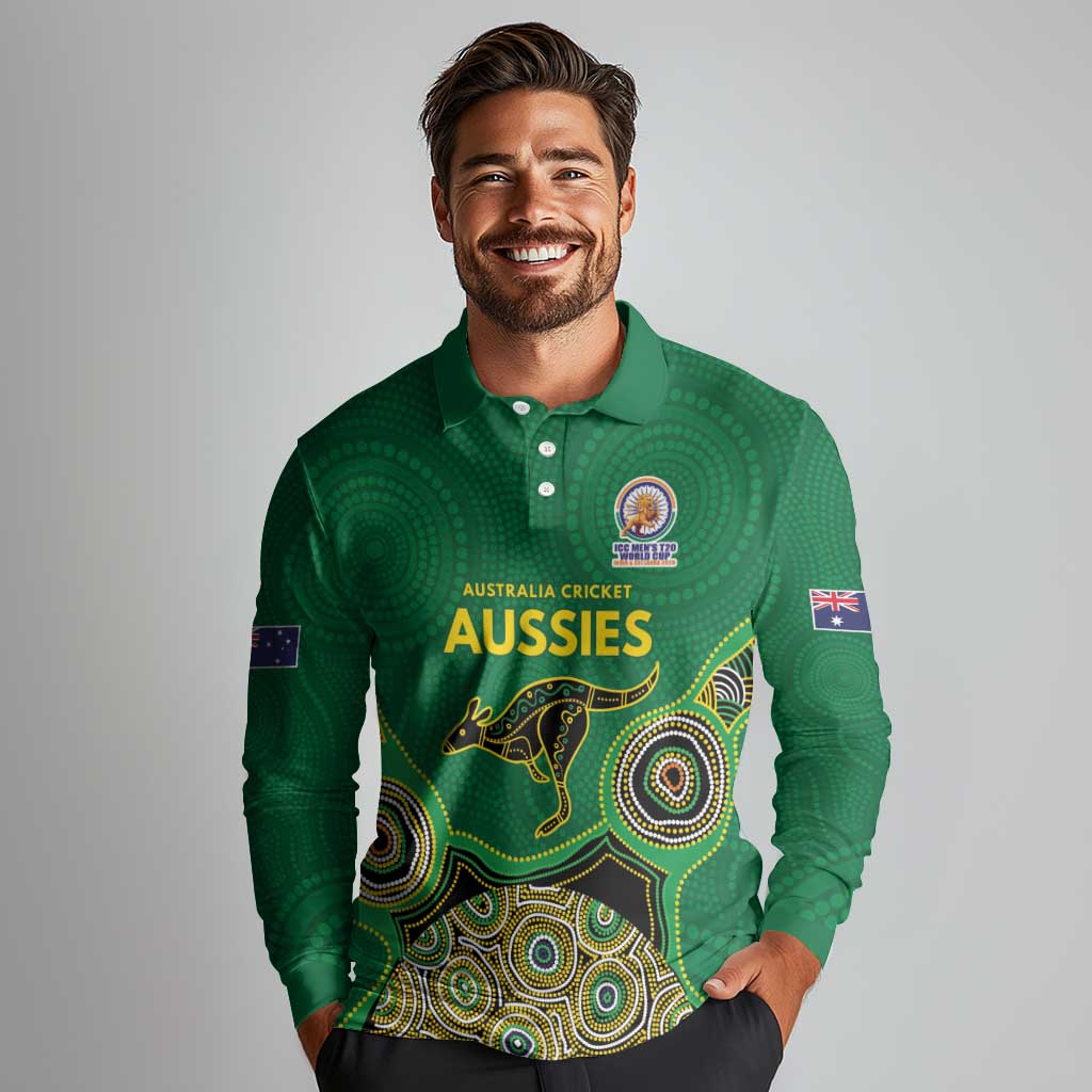 Custom Australia Cricket Spirit 2026 Long Sleeve Polo Shirt World T20 Edition - Green Aboriginal - Aussie Hoodie