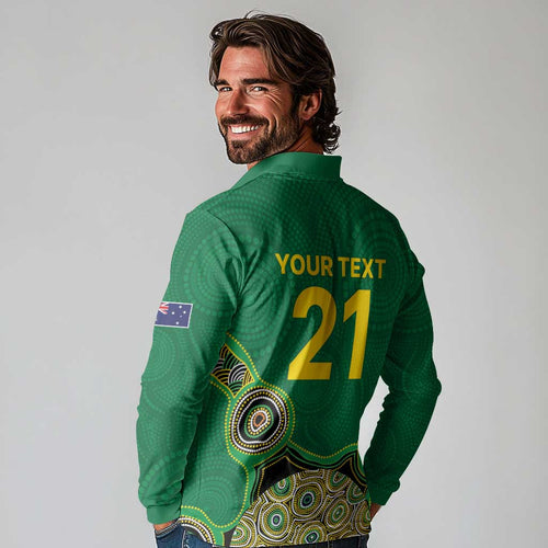 Custom Australia Cricket Spirit 2026 Long Sleeve Polo Shirt World T20 Edition - Green Aboriginal - Aussie Hoodie