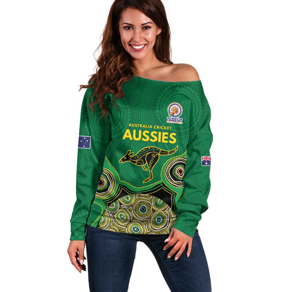 Custom Australia Cricket Spirit 2026 Off Shoulder Sweater World T20 Edition - Green Aboriginal - Aussie Hoodie