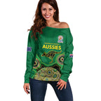 Custom Australia Cricket Spirit 2026 Off Shoulder Sweater World T20 Edition - Green Aboriginal - Aussie Hoodie