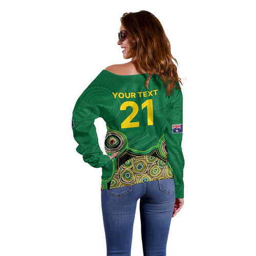 Custom Australia Cricket Spirit 2026 Off Shoulder Sweater World T20 Edition - Green Aboriginal - Aussie Hoodie