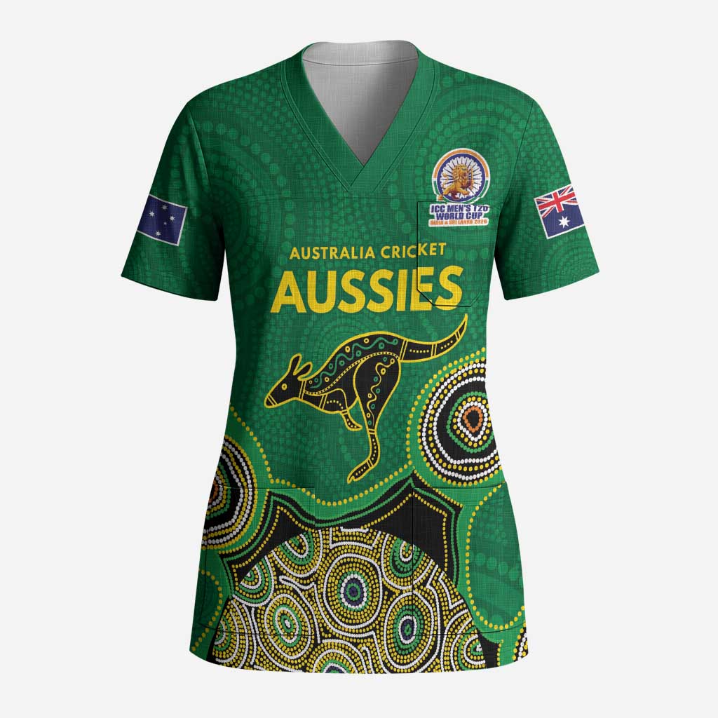 Custom Australia Cricket Spirit 2026 Scrub Top World T20 Edition - Green Aboriginal - Aussie Hoodie