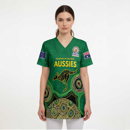 Custom Australia Cricket Spirit 2026 Scrub Top World T20 Edition - Green Aboriginal - Aussie Hoodie
