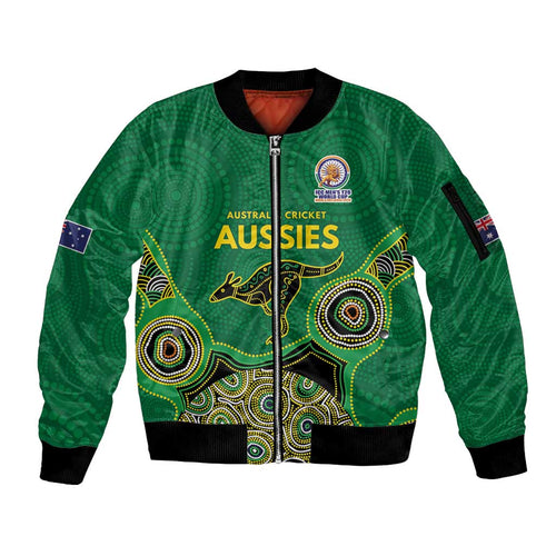 Custom Australia Cricket Spirit 2026 Sleeve Zip Bomber Jacket World T20 Edition - Green Aboriginal - Aussie Hoodie