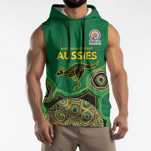 Custom Australia Cricket Spirit 2026 Sleeveless Hoodie World T20 Edition - Green Aboriginal - Aussie Hoodie