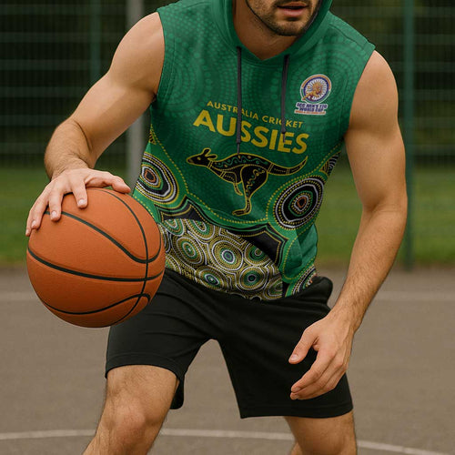 Custom Australia Cricket Spirit 2026 Sleeveless Hoodie World T20 Edition - Green Aboriginal - Aussie Hoodie