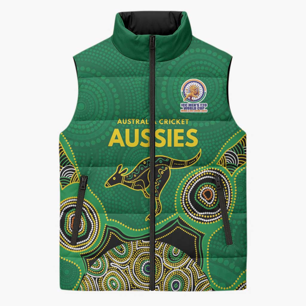 Custom Australia Cricket Spirit 2026 Sleeveless Puffer Jacket World T20 Edition - Green Aboriginal - Aussie Hoodie