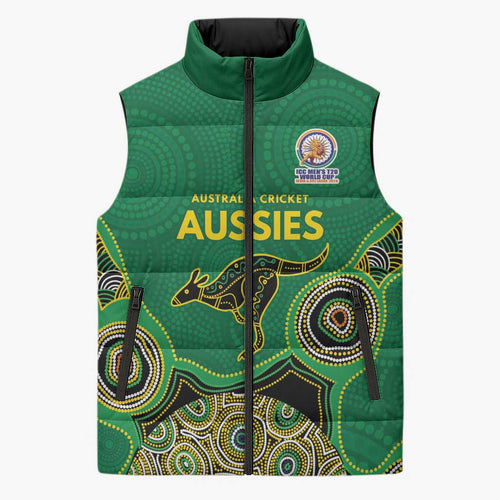 Custom Australia Cricket Spirit 2026 Sleeveless Puffer Jacket World T20 Edition - Green Aboriginal - Aussie Hoodie