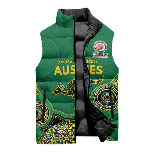 Custom Australia Cricket Spirit 2026 Sleeveless Puffer Jacket World T20 Edition - Green Aboriginal - Aussie Hoodie