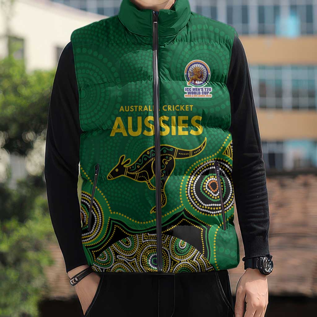 Custom Australia Cricket Spirit 2026 Sleeveless Puffer Jacket World T20 Edition - Green Aboriginal - Aussie Hoodie