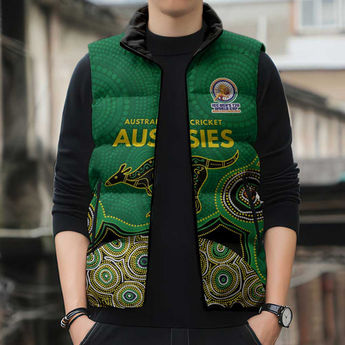 Custom Australia Cricket Spirit 2026 Sleeveless Puffer Jacket World T20 Edition - Green Aboriginal - Aussie Hoodie