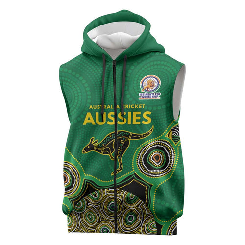 Custom Australia Cricket Spirit 2026 Sleeveless Zip Hoodie World T20 Edition - Green Aboriginal LT9