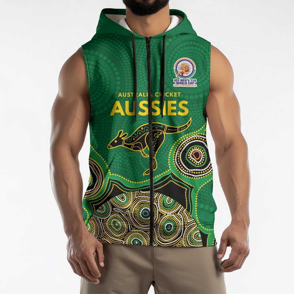 Custom Australia Cricket Spirit 2026 Sleeveless Zip Hoodie World T20 Edition - Green Aboriginal LT9