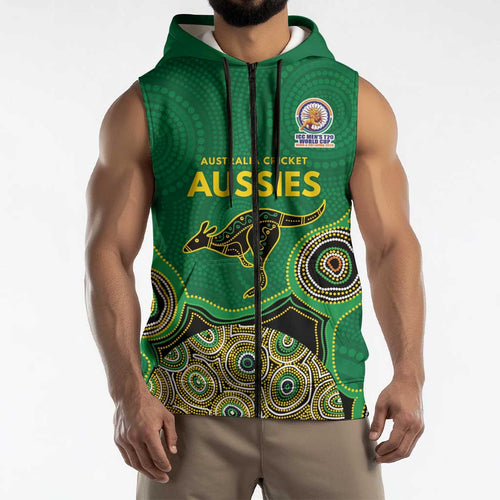 Custom Australia Cricket Spirit 2026 Sleeveless Zip Hoodie World T20 Edition - Green Aboriginal LT9