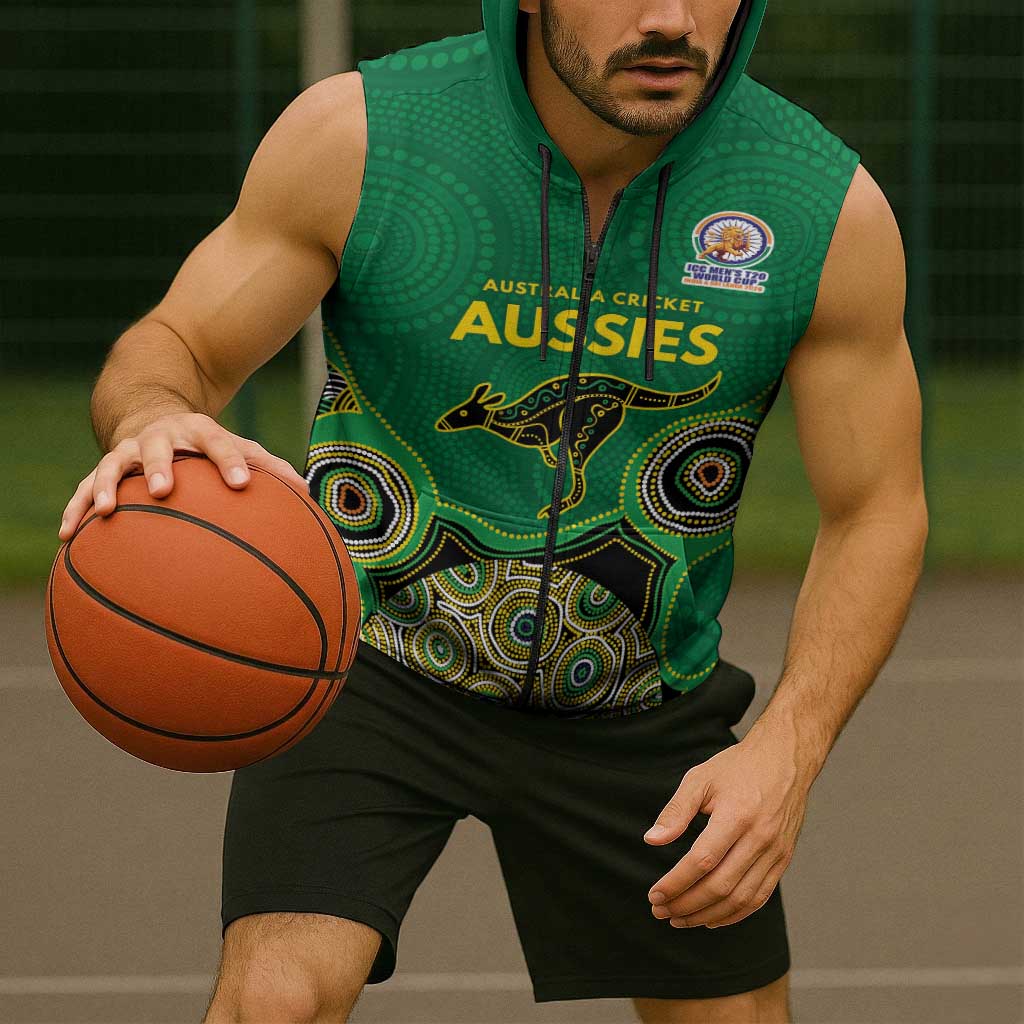Custom Australia Cricket Spirit 2026 Sleeveless Zip Hoodie World T20 Edition - Green Aboriginal LT9