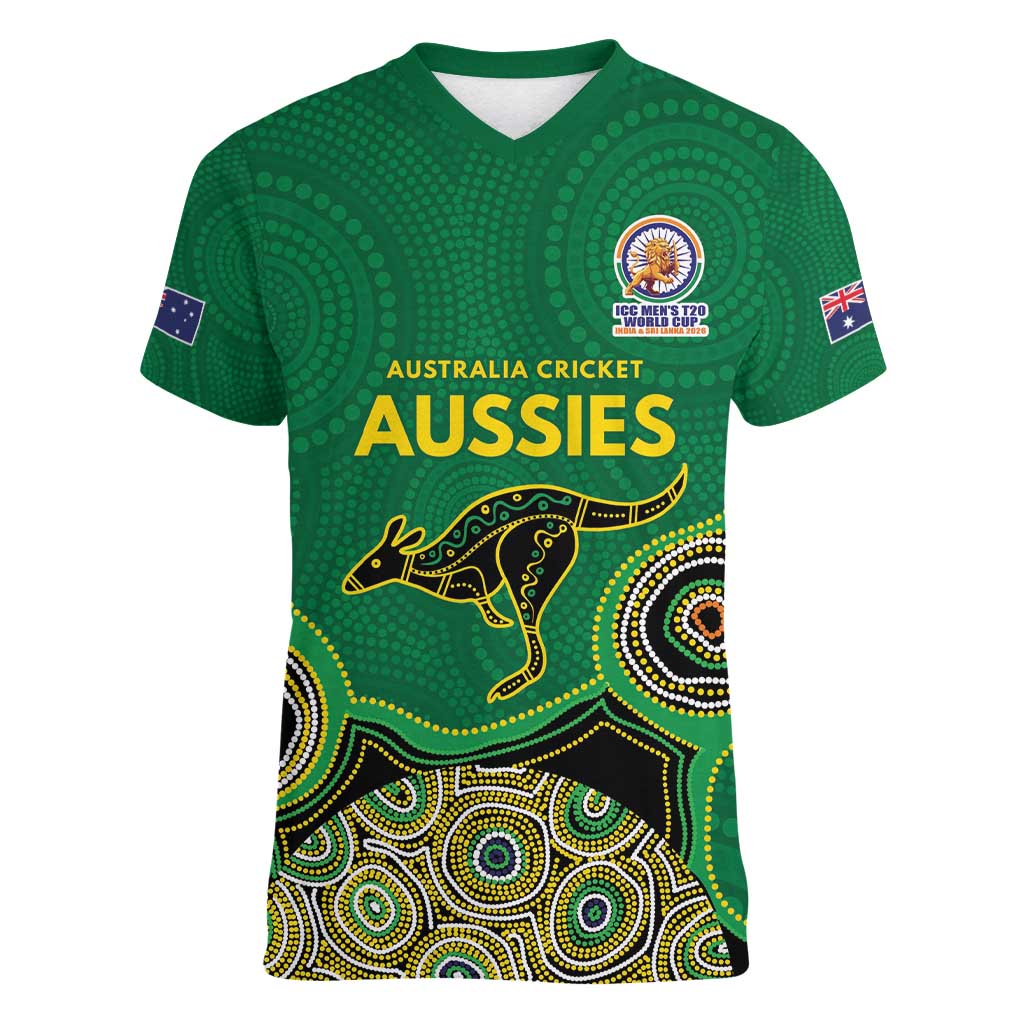 Custom Australia Cricket Spirit 2026 Women V-Neck T-Shirt World T20 Edition - Green Aboriginal - Aussie Hoodie