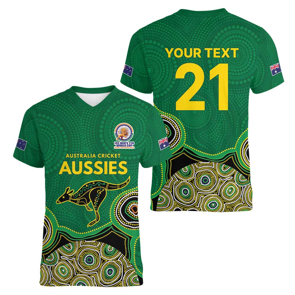 Custom Australia Cricket Spirit 2026 Women V-Neck T-Shirt World T20 Edition - Green Aboriginal - Aussie Hoodie