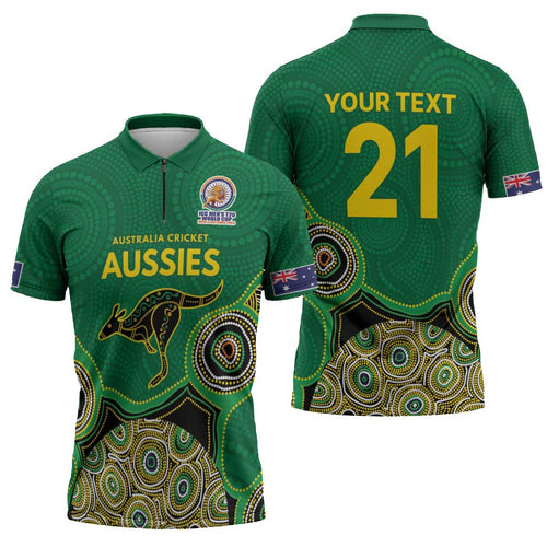 Custom Australia Cricket Spirit 2026 Zipper Polo Shirt World T20 Edition - Green Aboriginal - Aussie Hoodie