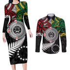 Aotearoa and Cook Islands Mo Te Tiriti Couples Matching Long Sleeve Bodycon Dress and Long Sleeve Button Shirt New Zealand Honour The Treaty Ake!Ake!Ake!