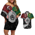 Aotearoa and Cook Islands Mo Te Tiriti Couples Matching Off Shoulder Short Dress and Hawaiian Shirt New Zealand Honour The Treaty Ake!Ake!Ake!