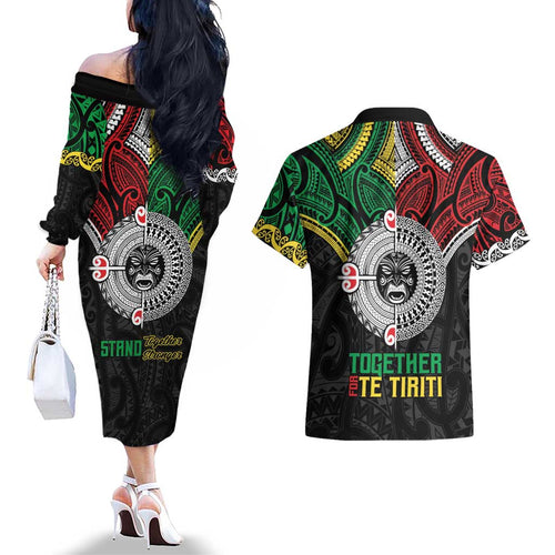 Aotearoa and Cook Islands Mo Te Tiriti Couples Matching Off The Shoulder Long Sleeve Dress and Hawaiian Shirt New Zealand Honour The Treaty Ake!Ake!Ake!