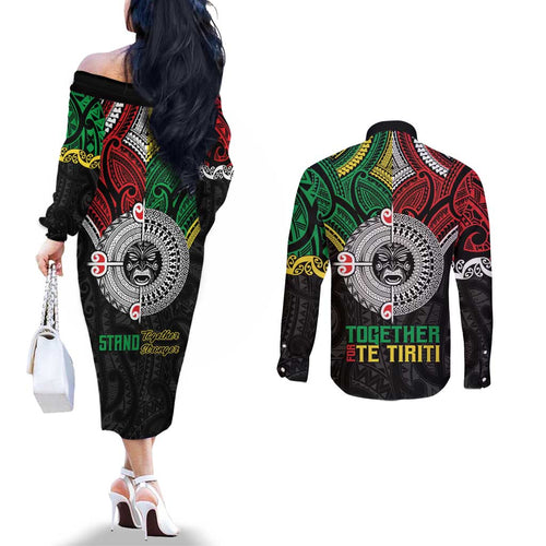 Aotearoa and Cook Islands Mo Te Tiriti Couples Matching Off The Shoulder Long Sleeve Dress and Long Sleeve Button Shirt New Zealand Honour The Treaty Ake!Ake!Ake!