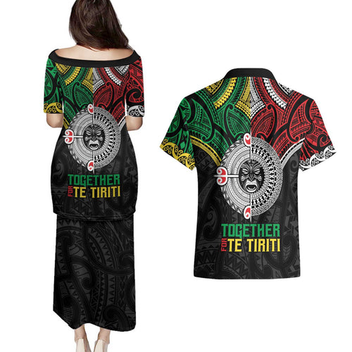 Aotearoa and Cook Islands Mo Te Tiriti Couples Matching Puletasi and Hawaiian Shirt New Zealand Honour The Treaty Ake!Ake!Ake!