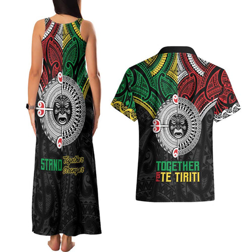 Aotearoa and Cook Islands Mo Te Tiriti Couples Matching Tank Maxi Dress and Hawaiian Shirt New Zealand Honour The Treaty Ake!Ake!Ake!