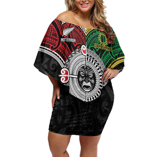 Aotearoa and Cook Islands Mo Te Tiriti Family Matching Off Shoulder Short Dress and Hawaiian Shirt New Zealand Honour The Treaty Ake!Ake!Ake!