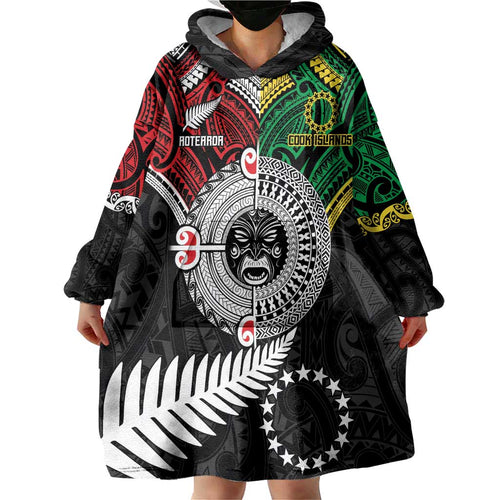 Aotearoa and Cook Islands Mo Te Tiriti Wearable Blanket Hoodie New Zealand Honour The Treaty Ake!Ake!Ake!