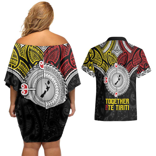 Aotearoa and Niue Mo Te Tiriti Couples Matching Off Shoulder Short Dress and Hawaiian Shirt New Zealand Honour The Treaty Ake!Ake!Ake!