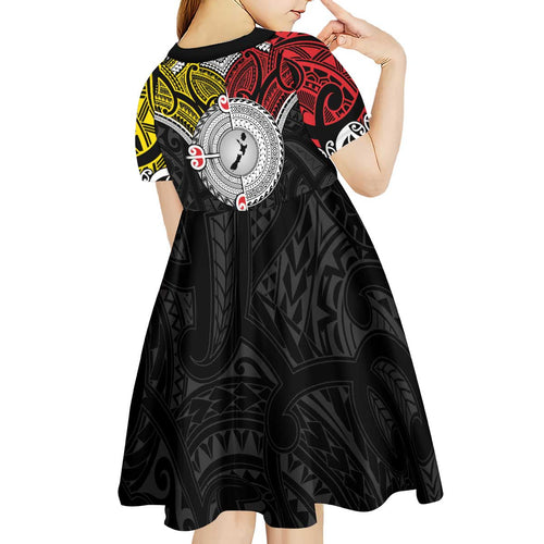 Aotearoa and Niue Mo Te Tiriti Kid Short Sleeve Dress New Zealand Honour The Treaty Ake!Ake!Ake!