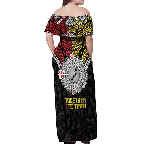 Aotearoa and Niue Mo Te Tiriti Off Shoulder Maxi Dress New Zealand Honour The Treaty Ake!Ake!Ake!