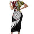 Aotearoa and Niue Mo Te Tiriti Short Sleeve Bodycon Dress New Zealand Honour The Treaty Ake!Ake!Ake!
