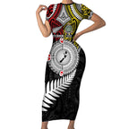 Aotearoa and Niue Mo Te Tiriti Short Sleeve Bodycon Dress New Zealand Honour The Treaty Ake!Ake!Ake!